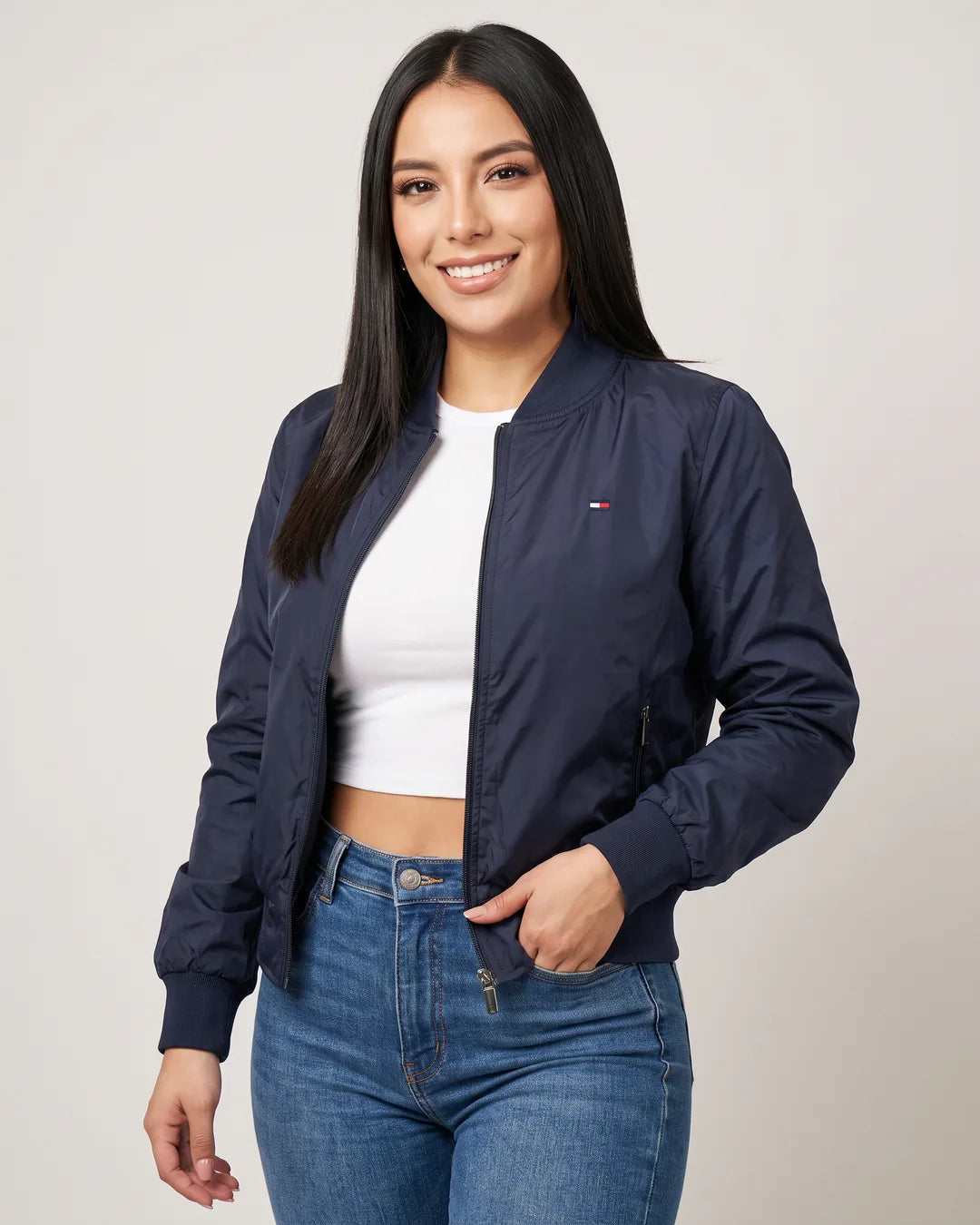Chaqueta bomber Tommy Essential azul oscuro para mujer, vista frontal